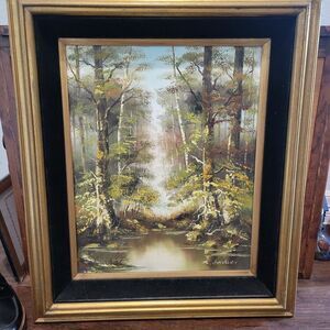 Original Oil Painting MCM artist Signed River forest trees Mid Century Modern